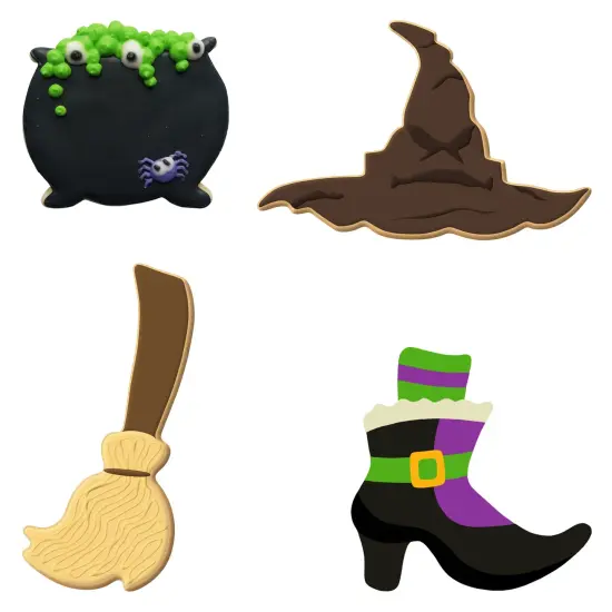 CookieCutter.com 4 Piece Halloween Witch Cookie Cutter Set Witch Broom, Hat, Shoe, Cauldron, Metal Shapes Made in USA, Silver {3}