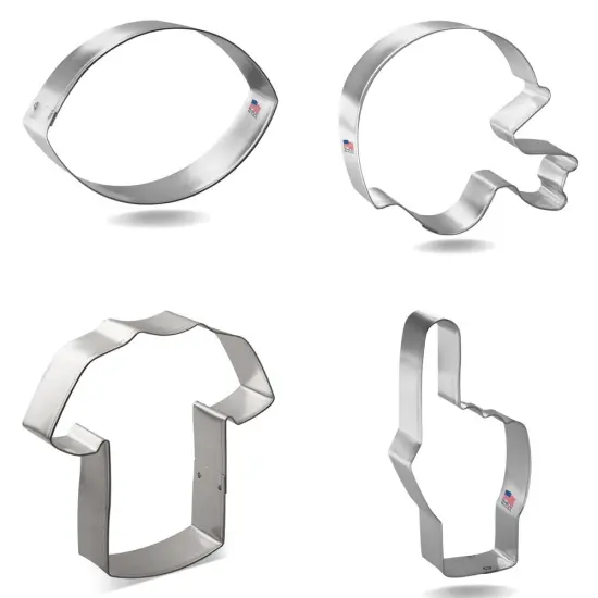 CookieCutter.com 4 Piece Football Cookie Cutter Set Helmet, Football, Sports Jersey T Shirt, Foam Finger, Metal Shapes Made in USA, Silver {4}