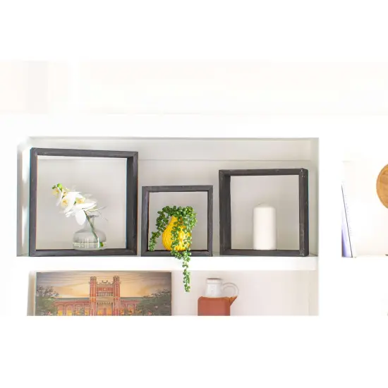 Rustic Farmhouse Reclaimed Wooden Open Square Wall Shelves (Set of 3) Black {4}