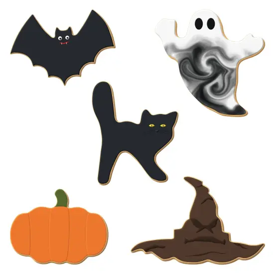 CookieCutter.com 5 Piece Halloween Cookie Cutter Set Scary Cat, Ghost, Flat Pumpkin, Witch Hat, Bat, Metal Shapes Made in USA, Silver {3}