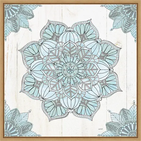 Mandala Morning V Blue and Gray by Anne Tavoletti 16-in. W x 16-in. H. Canvas Wall Art Print Framed in Natural {1}