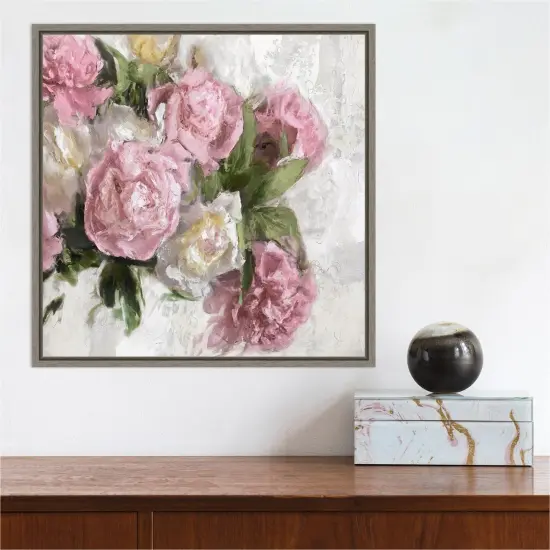 Floral Pink Peonies I by Emily Ford 16-in. W x 16-in. H. Canvas Wall Art Print Framed in Grey {5}