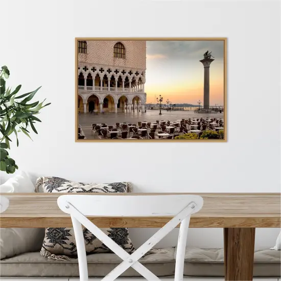 Piazza San Marco Sunrise Italy by Alan Blaustein 23-in. W x 16-in. H. Canvas Wall Art Print Framed in Natural {5}