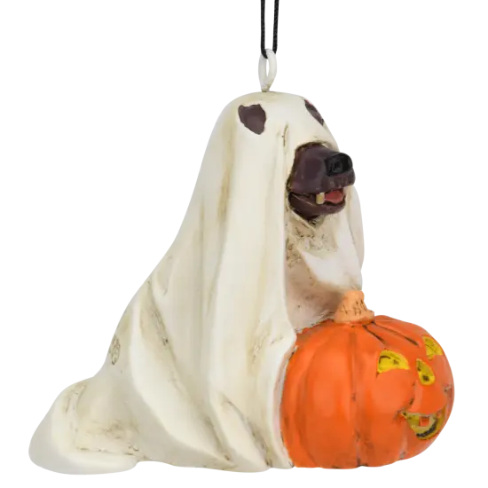 Cute Dog Dressed As Ghost with Pumpkin Halloween Ornament {4}