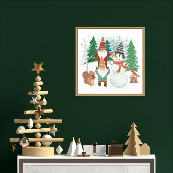 Woodland Gnomes IV by Mary Urban 16-in. W x 16-in. H. Canvas Wall Art Print Framed in Natural {4}