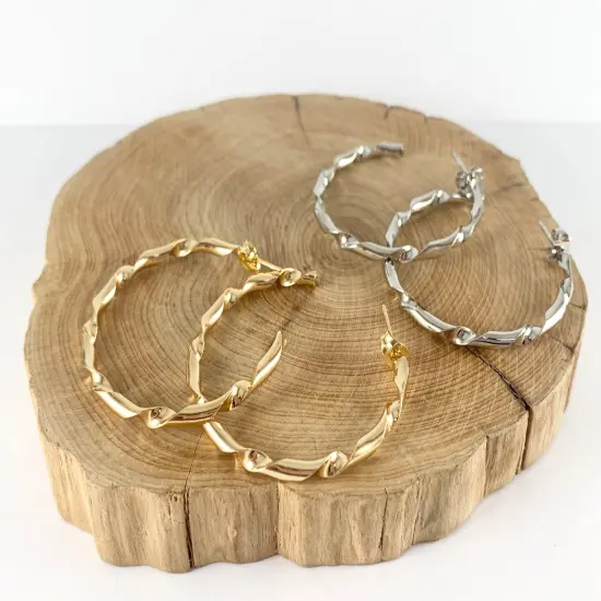 Large Gold Silver Wavy Ribboned Earring Hoops in 18K Gold or Silver Plated Twisted Ribbon Wavy Hoop Earring Over Copper 1 pair {2}