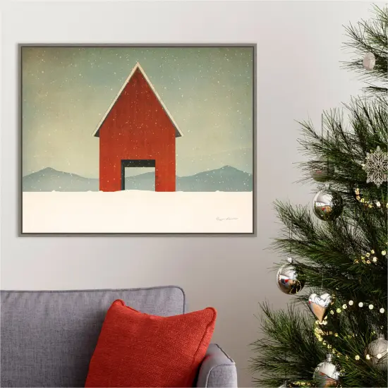 Red Barn Winter by Ryan Fowler 28-in. W x 23-in. H. Canvas Wall Art Print Framed in Grey {4}