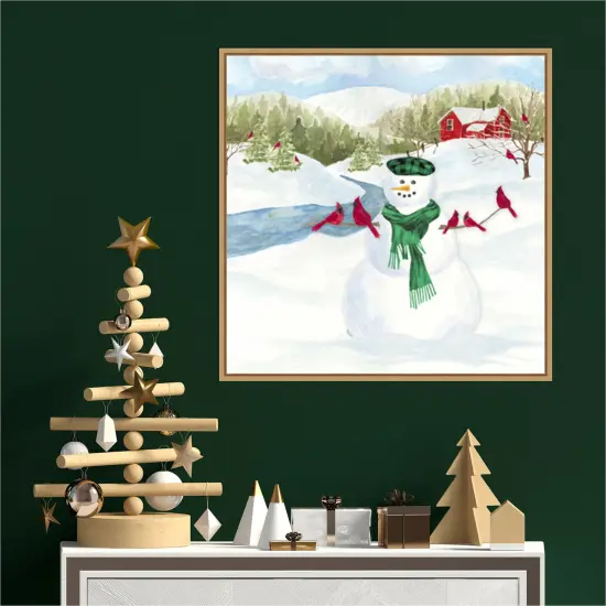 Snowman Christmas II by Tara Reed 22-in. W x 22-in. H. Canvas Wall Art Print Framed in Natural {4}