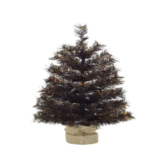 Perfect Holiday 24" Pre-Lit Tabletop Matte Black Gold Tinsel Halloween Tree With Burlap Base {2}