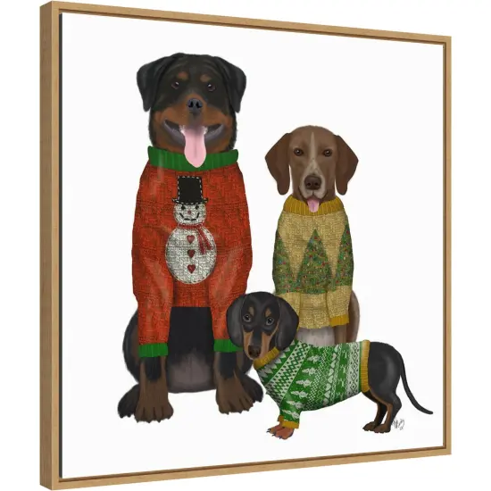 Christmas Dogs Ugly Sweater Competition by Fab Funky 22-in. W x 22-in. H. Canvas Wall Art Print Framed in Natural {1}