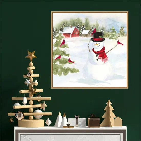 Snowman Christmas IV by Tara Reed 22-in. W x 22-in. H. Canvas Wall Art Print Framed in Natural {4}