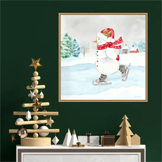 Let it Snow Blue Snowman V by Cynthia Coulter 22-in. W x 22-in. H. Canvas Wall Art Print Framed in Natural {4}