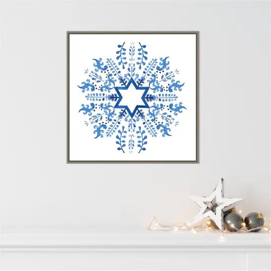 Indigo Hanukkah II by Victoria Borges 22-in. W x 22-in. H. Canvas Wall Art Print Framed in Grey {4}