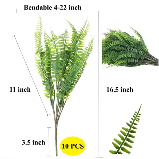 Grand Verde Boston Ferns Artificial Plants Faux Bush Real Touch Plastic Shrub Greenery Leaves - Indoor Outdoor Decor, Bulk 10pcs Dark Green {2}