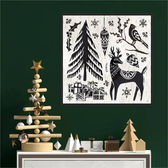 Woodcut Christmas V by Daphne Brissonnet Canvas Wall Art Print Framed Black {4}