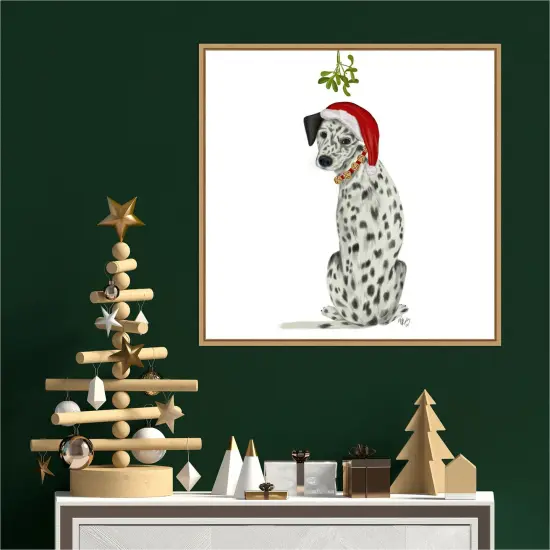 Christmas Dogs Dalmatian Mistletoe by Fab Funky 22-in. W x 22-in. H. Canvas Wall Art Print Framed in Natural {4}