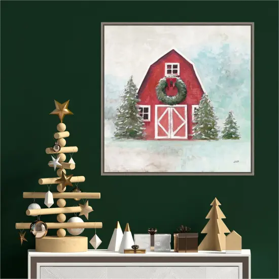 December Barn Blue Sky by Julia Purinton 22-in. W x 22-in. H. Canvas Wall Art Print Framed in Grey {4}