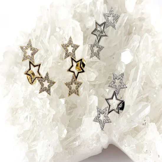 Real 18K Gold/Platinum Plated CZ Pave Triple Star Earring Stud Over Copper 1 pair Silver {2}