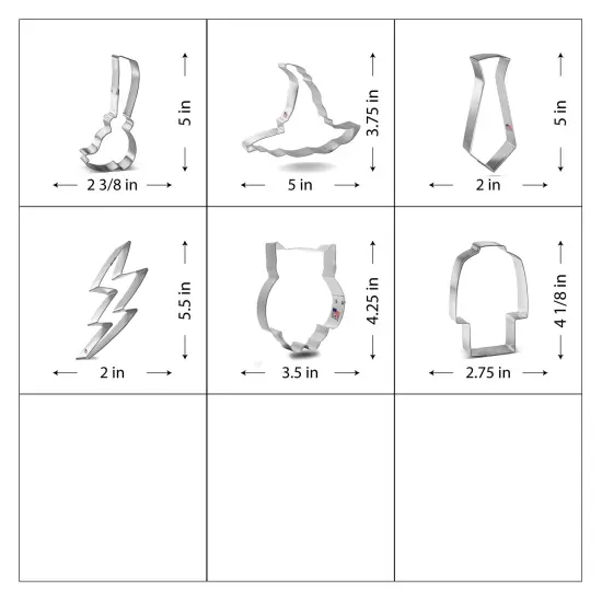 CookieCutter.com 6 Piece Halloween Wizard Cookie Cutter Set Wizard Broom, Neck Tie, Hat, Lab Coat, Chubby Owl, Lightning Bolt, Metal Shapes Made in USA, Silver {2}