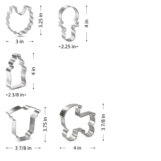 CookieCutter.com 5 Piece Baby Shower Cookie Cutter Set Carriage, Chunky Bottle, Bodysuit, Bib, Rattle, USA {2}
