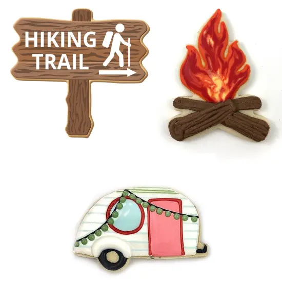 CookieCutter.com 3 Piece Summer Fall Camping Cookie Cutter Set Camper Glamper, Wooden Sign, Campfire, Metal Shapes Made in USA, Silver {3}