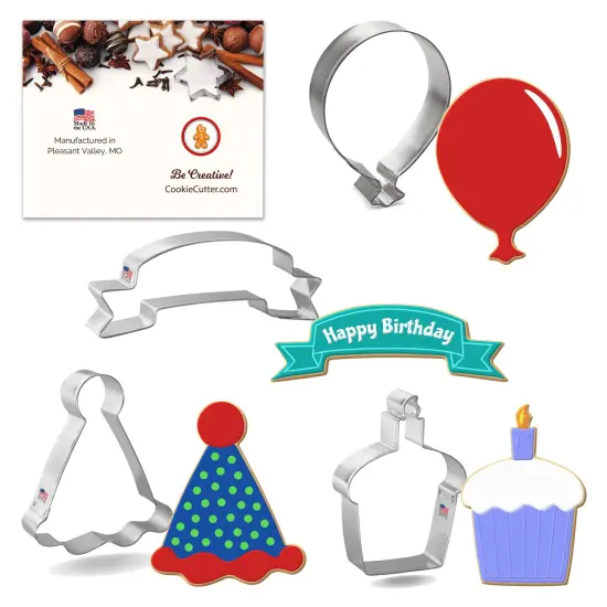 CookieCutter.com 4 Piece Birthday Cookie Cutter Set Balloon, Banner, Cupcake, Party Hat, USA {1}