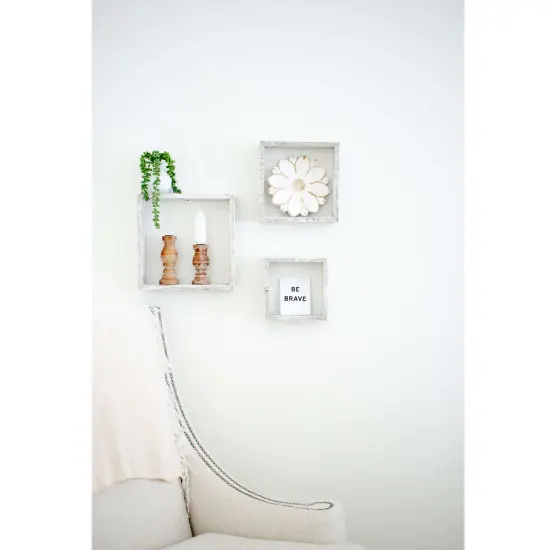 Rustic Farmhouse Reclaimed Wooden Open Square Wall Shelves (Set of 3) White {2}