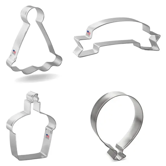 CookieCutter.com 4 Piece Birthday Cookie Cutter Set Balloon, Banner, Cupcake, Party Hat, USA {4}