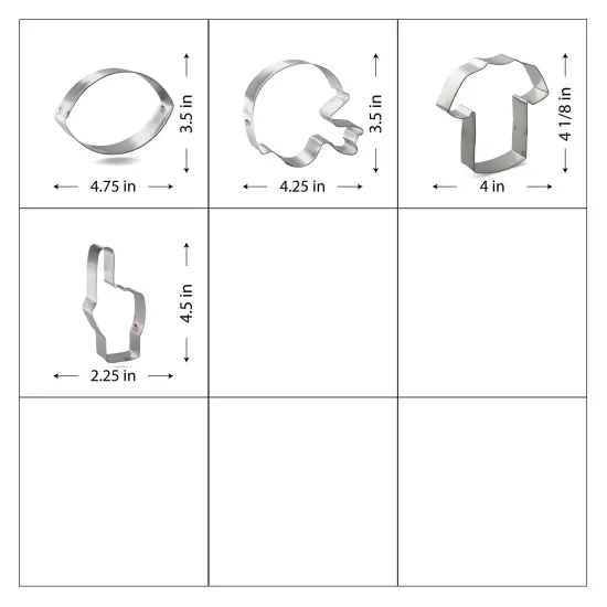 CookieCutter.com 4 Piece Football Cookie Cutter Set Helmet, Football, Sports Jersey T Shirt, Foam Finger, Metal Shapes Made in USA, Silver {2}