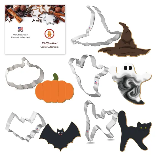 CookieCutter.com 5 Piece Halloween Cookie Cutter Set Scary Cat, Ghost, Flat Pumpkin, Witch Hat, Bat, Metal Shapes Made in USA, Silver {1}