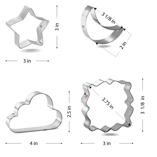CookieCutter.com 4 Piece Baby Nursery Twinkle Little Star Cookie Cutter Set Crescent Moon, Clouds, Star, Fancy Square Plaque, USA {2}