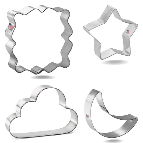 CookieCutter.com 4 Piece Baby Nursery Twinkle Little Star Cookie Cutter Set Crescent Moon, Clouds, Star, Fancy Square Plaque, USA {4}
