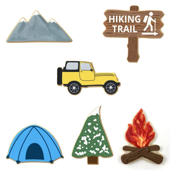 CookieCutter.com 6 Piece Mountain Camping Cookie Cutter Set Campfire, Mountains, Woodland Tree, SUV Military Off Road Vehicle, Metal Shapes Made in USA, Silver {3}