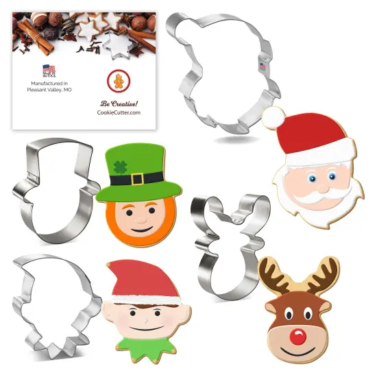CookieCutter.com 4 Piece Christmas Cookie Cutter Set Elf Face, Reindeer Face, Snowman Face, Santa Face, Metal Shapes Made in USA, Silver {1}