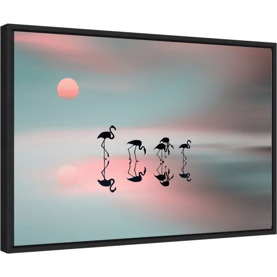 Family flamingos by Natalia Baras 23-in. W x 16-in. H. Canvas Wall Art Print Framed in Black {2}