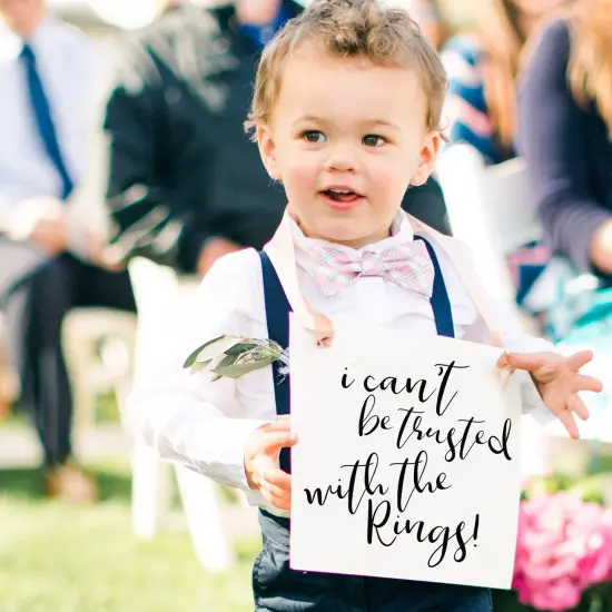 Ritzy Rose Funny Ring Bearer Sign - Black on 11x8in Ivory Linen Cardstock with champagne Ribbon {5}