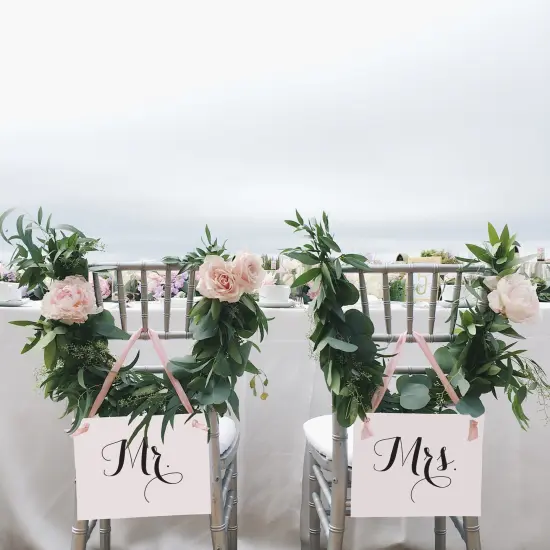 Ritzy Rose Mr. and Mrs. Chair signs - Black on 11x8in White Linen Cardstock with Blush Pink Ribbon {2}