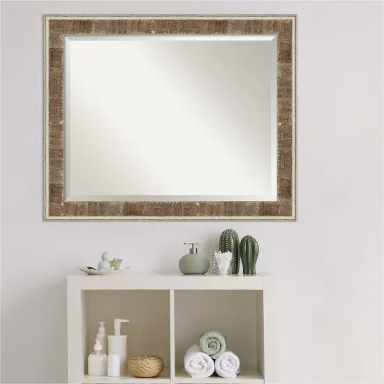 Beveled Wood Bathroom Wall Mirror, Farmhouse Brown Narrow Frame {4}