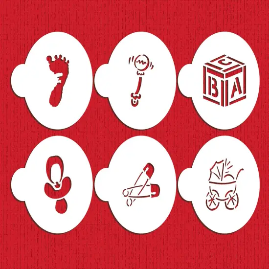 3-Inch Large Baby Cookie & Cupcake Stencils: Baby Carriage, Rattle, Pacifier, Block, Diaper Pins, Footprint | C197 by Designer Stencils | Cookie Decorating Tools | {2}