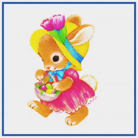 Contemporary Easter Bunny Pink Dress Basket of Eggs Counted Cross Stitch Pattern {2}