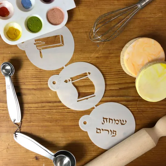 Purim Symbols Cookie Stencils: Meglliah, Happy Purim (Hebrew), Gragger | C204 by Designer Stencils | {3}