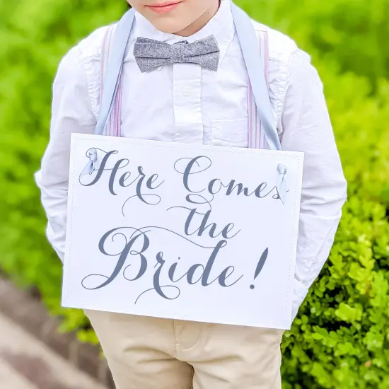 Ritzy Rose 2 Cute Ring Bearer Signs - Slate on 11x8in White Linen Cardstock with Dusty Blue Ribbon {5}