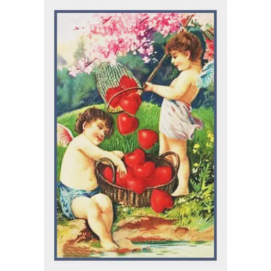 Valentine Cherubs Fishing for Heart Love Counted Cross Stitch Pattern {2}