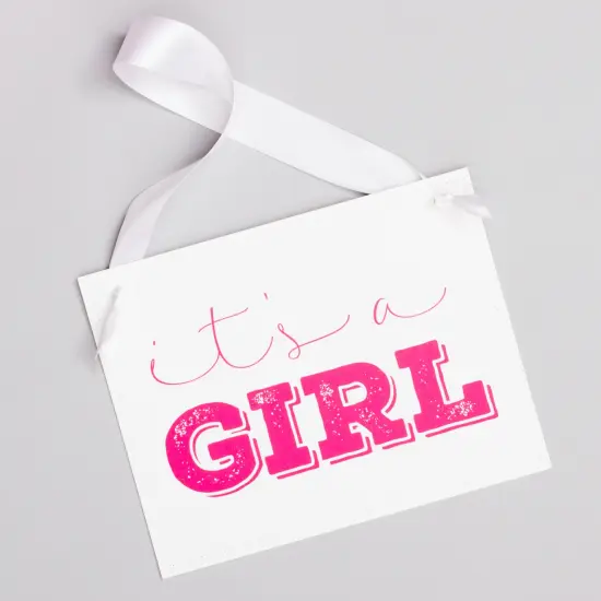 Ritzy Rose Gender Reveal Sign - Pink and Blue on 11x8in White Linen Cardstock with White Ribbon {6}