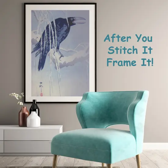 Japanese Artist Ohara Shoson's Crow on a Branch in the Rain Counted Cross Stitch Pattern {3}