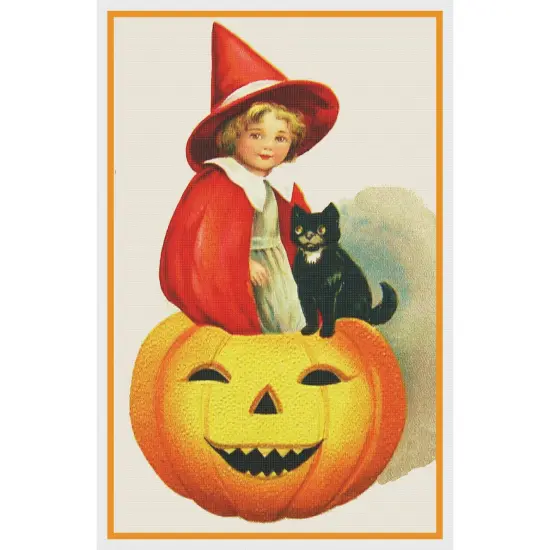 Little Girl Pumpkin Cat Halloween Counted Cross Stitch Pattern {2}