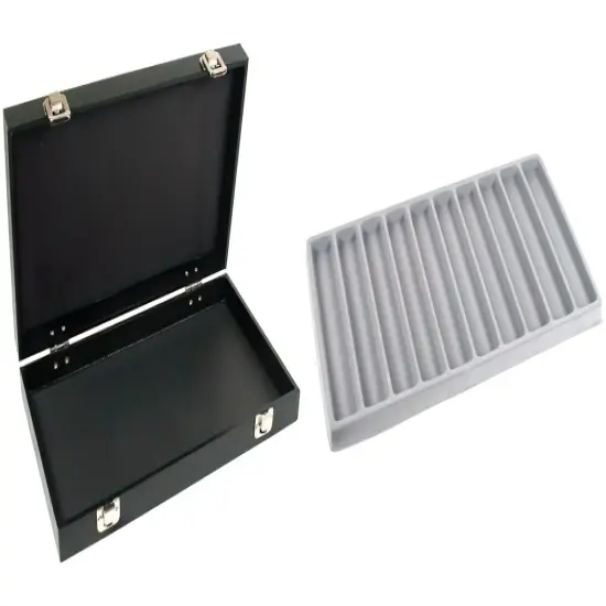 Black Jewelry Case (2xMetal Clasps & Removable Lid) w/ Gray 10-slot Plastic Tray {1}