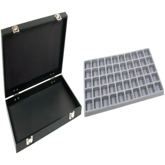 Black Jewelry Case (2xMetal Clasps & Removable Lid) w/ Gray 50-slot Plastic Tray {1}
