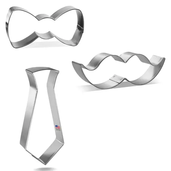 CookieCutter.com Fathers Day 3 Piece Cookie Cutters Set, Mustache, Bow, Tie, Tin Plate Steel, USA {4}