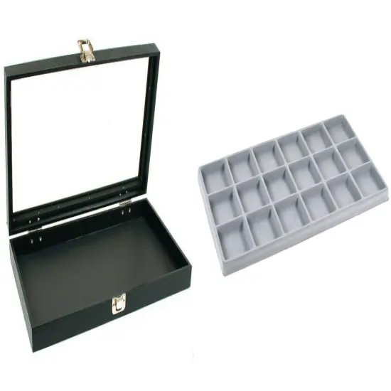 Black Glass Top Jewelry Case w/ 1 Gray 18-Slot Plastic Tray (Single metal latch) {1}
